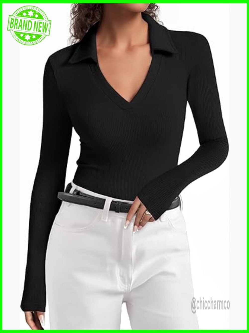 V Neck Long Sleeve Polo Shirt Women Business Casual Slim Fit Tops